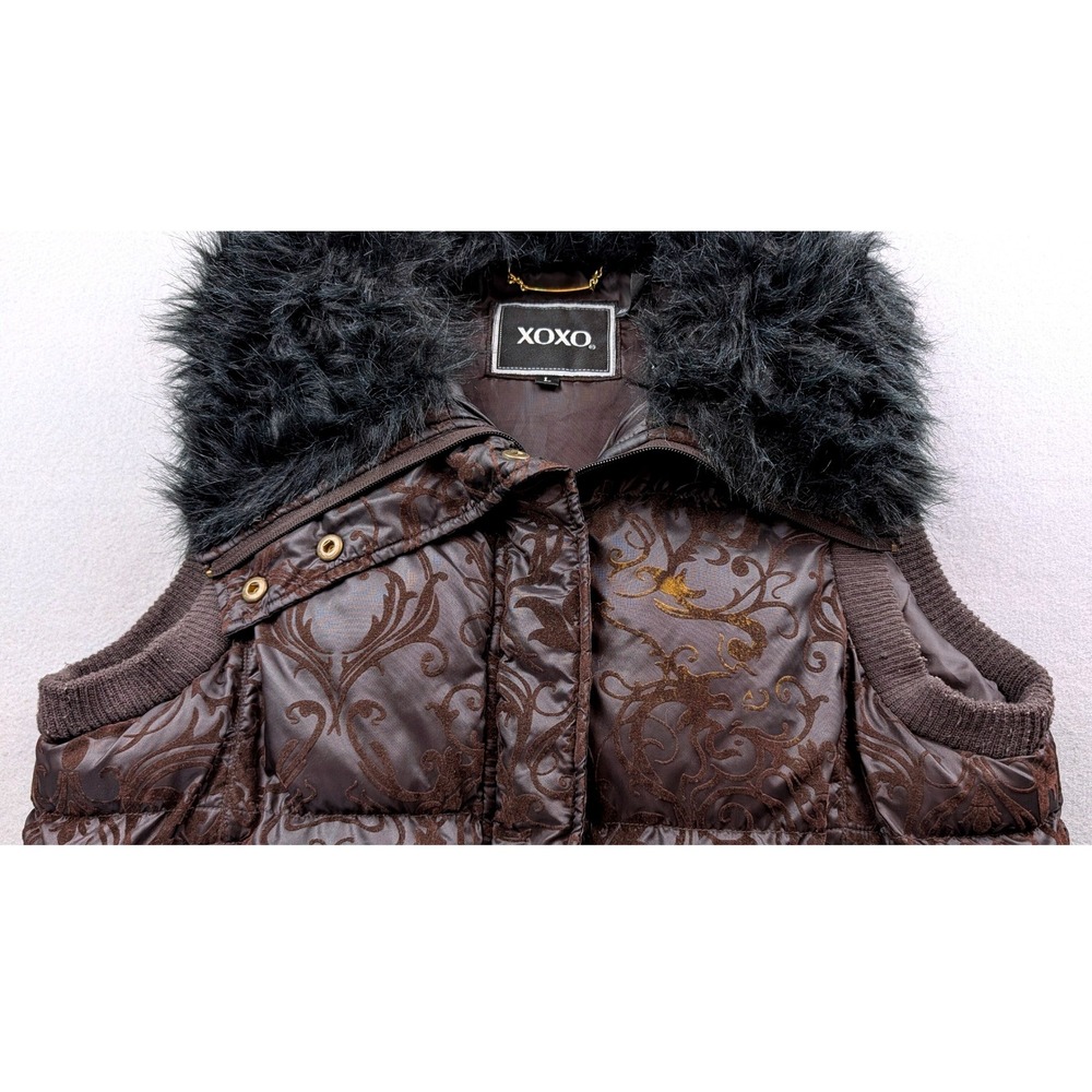 XOXO Womens Brown Damask Puffer Vest Faux Fur Collar Quilted Zip Up Size Large - Picture 2 of 7